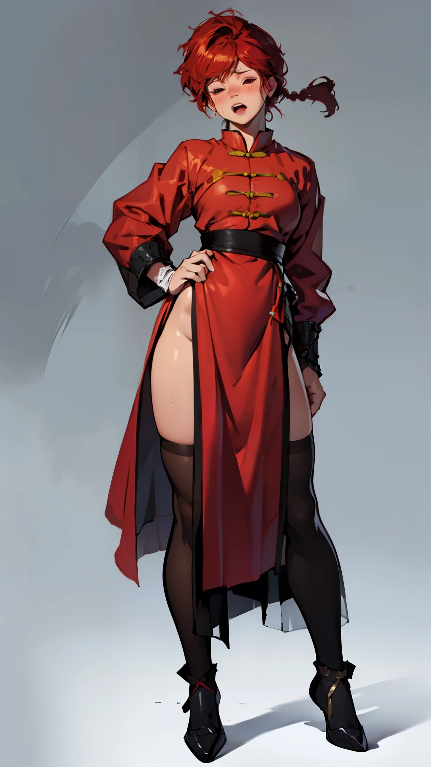 ((Highest quality)), ((masterpiece)), (Familiar), Hazy, Female,Mature Woman,Purple Hair, short hair, Low Ponytail, eye shadow, lipstick, Red eyes,,Red Shirt,Large Breasts,I can see her cleavage,Erect nipples,Red and black jacket, White tight skirt,Red Heels