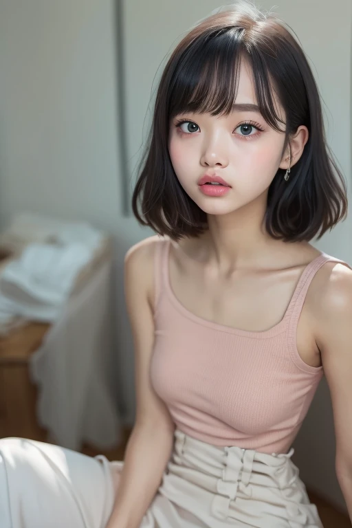 ((Extremely realistic)), ( super real), generate a highly realistic image, white backdrop,,-yeld fee,毛先ピンク色のshort bob black hair,  straight hair, I'm hiding my forehead with bangs,blue eyes,Long False Eyelashes,side view,Thick lips, Open the center of your lips、extremely detailed lips, large mouth, full, plump, Lip balm for shiny, glossy lips、Pale pink lips , transparent lip gloss,  skin texture so clear that you can see the lines of blood vessels under the skin、downy hair 、Off-the-shoulder tank top, Narrow waist ,Very thin and slender body, 