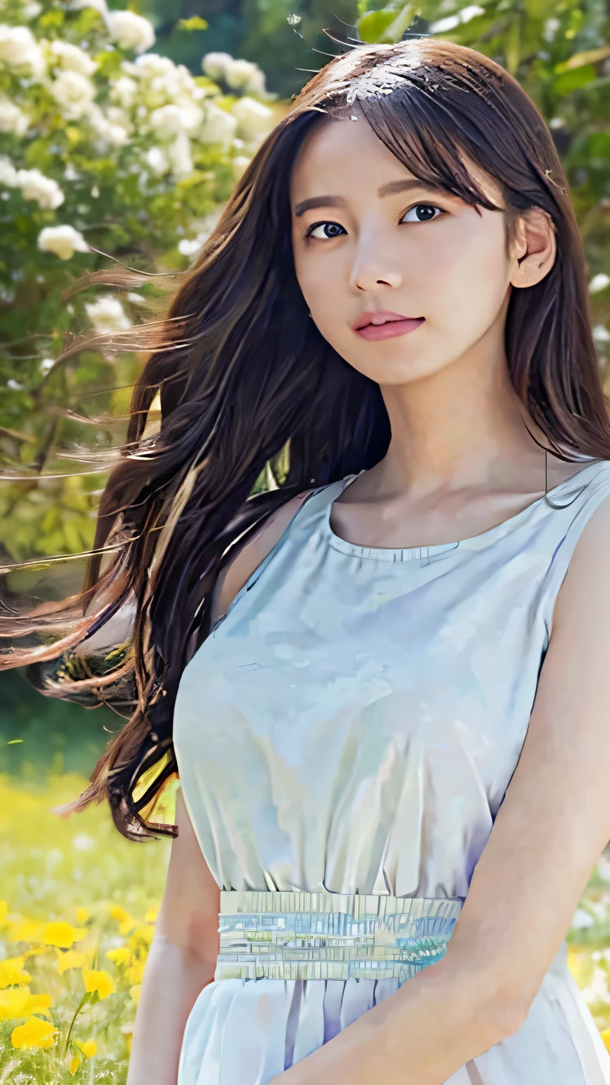 (8k, highest quality, masterpiece: 1.2), (hair_style), (realistic, photorealistic: 1.37), plump eyes, highest quality, masterpiece, in the summer sun, sky and sea background, shot on wooden deck, [small breasts], backlit, shooting from the waist up, camera angle from below, pose with hair raked up with hands, shot in natural light from morning to noon, Hairstyles and fashion styles that match the Japan trends of 2023, realistic, super detailed, 30s, actress, half Japanese and Russian half model, elaborate CG, slender, adorable, hairstyle matches the fashion of Japan in 2023 layer cut that flutters in the wind, delicate skin type, fine details and softness, model hair color is bright and soft, Choose a short-length T-shirt that matches the summer trends of 2023 and pair it with pale pastel colors for surf fashion.