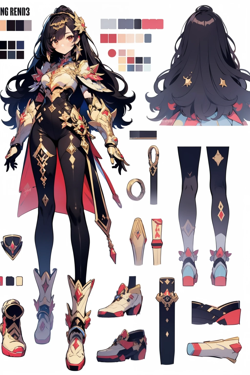 reference sheet, ANIME STYLE, character design, 2D, knight, feminine, Armor, high, long hair, female character, in a complete illustration , 3 different angles of a character , anime art style with black hair with red tips, big eyes, that is a 24-year-old adult , using the game "Genshin Impact", as a reference to the games of "Honkai: Star Rail", using the "red colors, black and yellow", with many details on the clothes , with arms, hands, legs and head appearing , defined body , com uma Armor sagrada com uma aparecia moderna e detalhada, tight clothes.