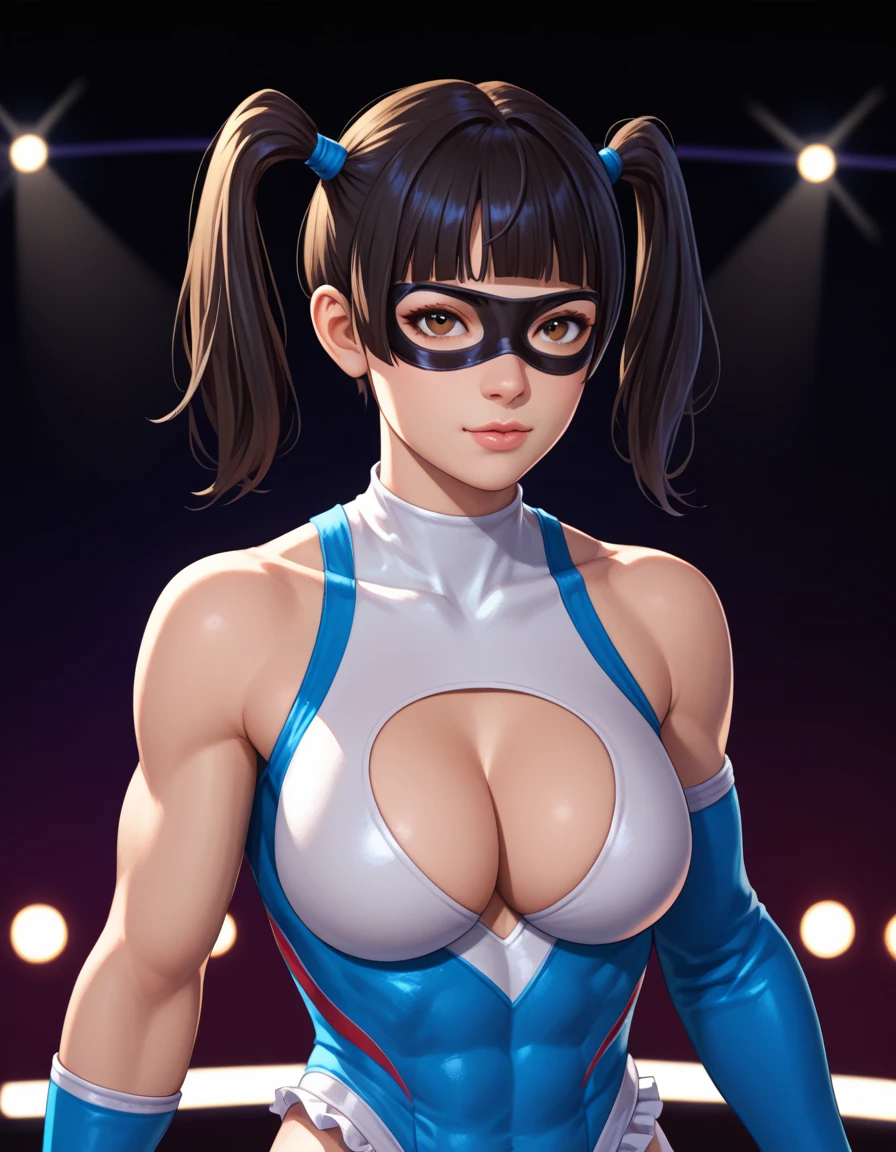 score_9_up, score_8_up, score_7_up,score_6_up, score_5_up, score_4_up , 1girl, solo, nadeshikoxl, Nadeshiko, black hair, bob cut, brown eyes, blunt bangs, white leotard with red trim, bare shoulders, knee pads, elbow pads, wristband, RMikaSF, twintails, domino mask, frills, wrestling outfit, blue leotard, shoulder cutout,cleavage cutout, flirting, cowboy shot, stage lights, concert, stage