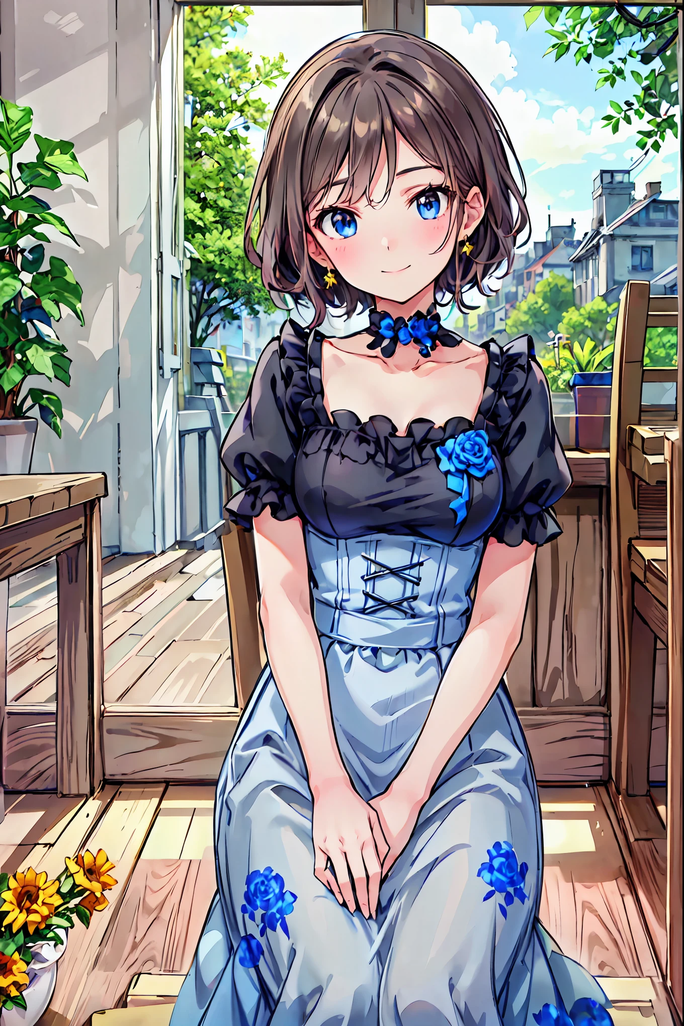  very cute and beautiful girl,( Highly Detailed Beautiful Face and Eyes), (smile),, Black Hair , staring at viewers ,(Blue floral taupe dress with fine frills),Fine lace, Sitting, arms crossed behind ,altar,church,indoor, (Best Quality,masterpiece:1.0),Absurd, High Resolution ,Ultra-detailed, extremely detailed,32K,8k resolution, Intricate details, cinematic scene ,detailed background,Alone,Dynamic Angle, Your enchanting gray-blue eyes shine like stars