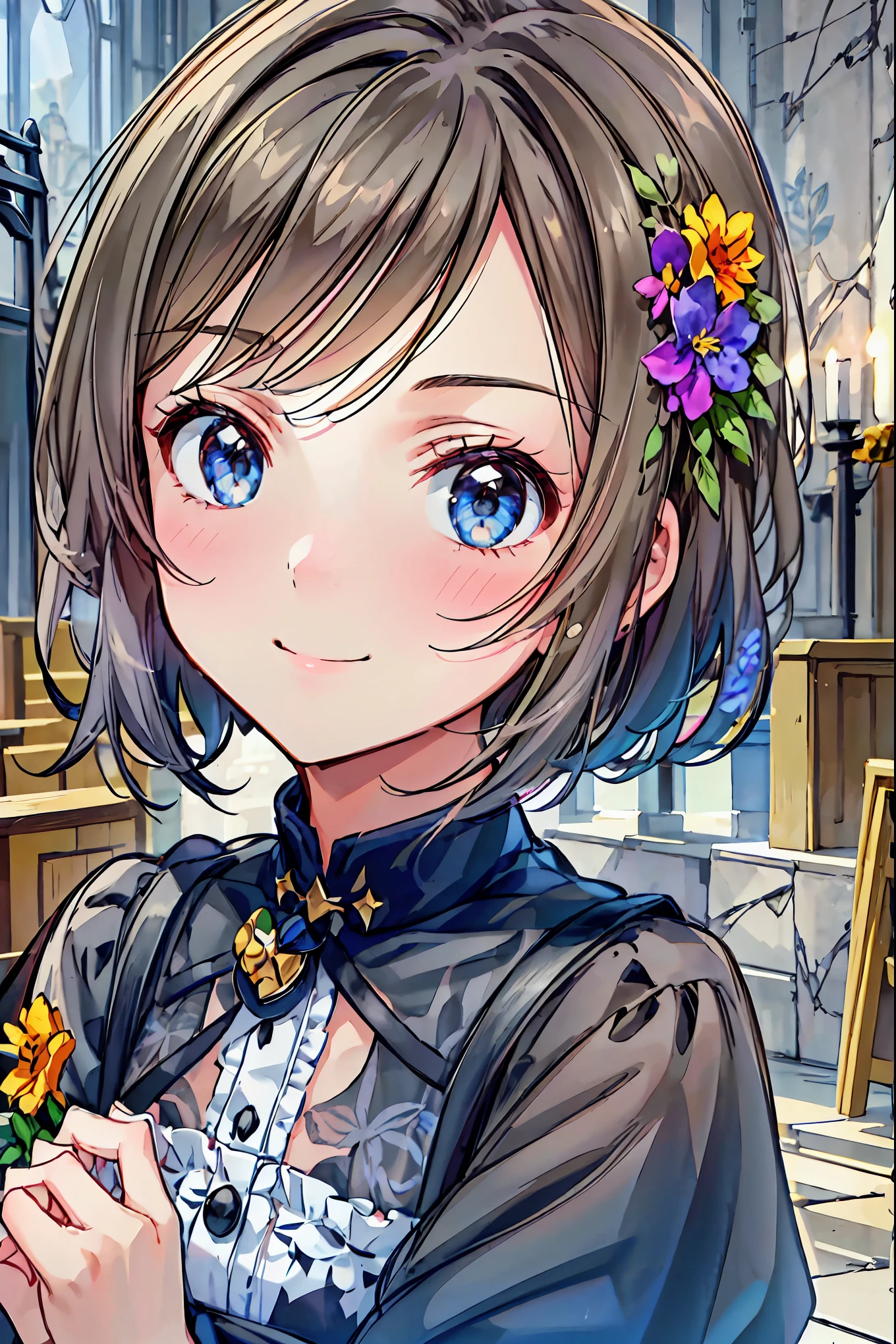  very cute and beautiful girl,( Highly Detailed Beautiful Face and Eyes), (smile),, Black Hair , staring at viewers ,(Blue floral taupe dress with fine frills),Fine lace, Sitting, arms crossed behind ,altar,church,indoor, (Best Quality,masterpiece:1.0),Absurd, High Resolution ,Ultra-detailed, extremely detailed,32K,8k resolution, Intricate details, cinematic scene ,detailed background,Alone,Dynamic Angle, Your enchanting gray-blue eyes shine like stars