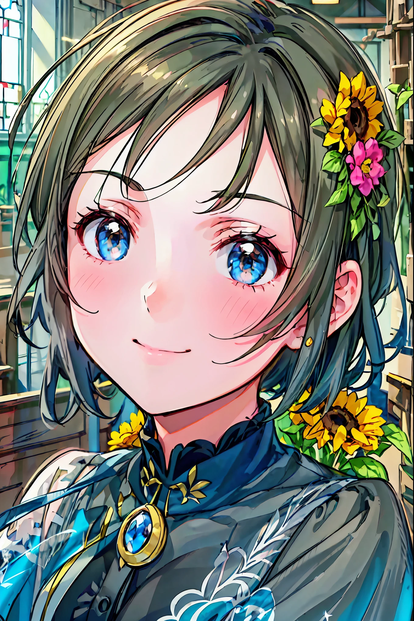  very cute and beautiful girl,( Highly Detailed Beautiful Face and Eyes), (smile),, Black Hair , staring at viewers ,(Blue floral taupe dress with fine frills),Fine lace, Sitting, arms crossed behind ,altar,church,indoor, (Best Quality,masterpiece:1.0),Absurd, High Resolution ,Ultra-detailed, extremely detailed,32K,8k resolution, Intricate details, cinematic scene ,detailed background,Alone,Dynamic Angle, Your enchanting gray-blue eyes shine like stars