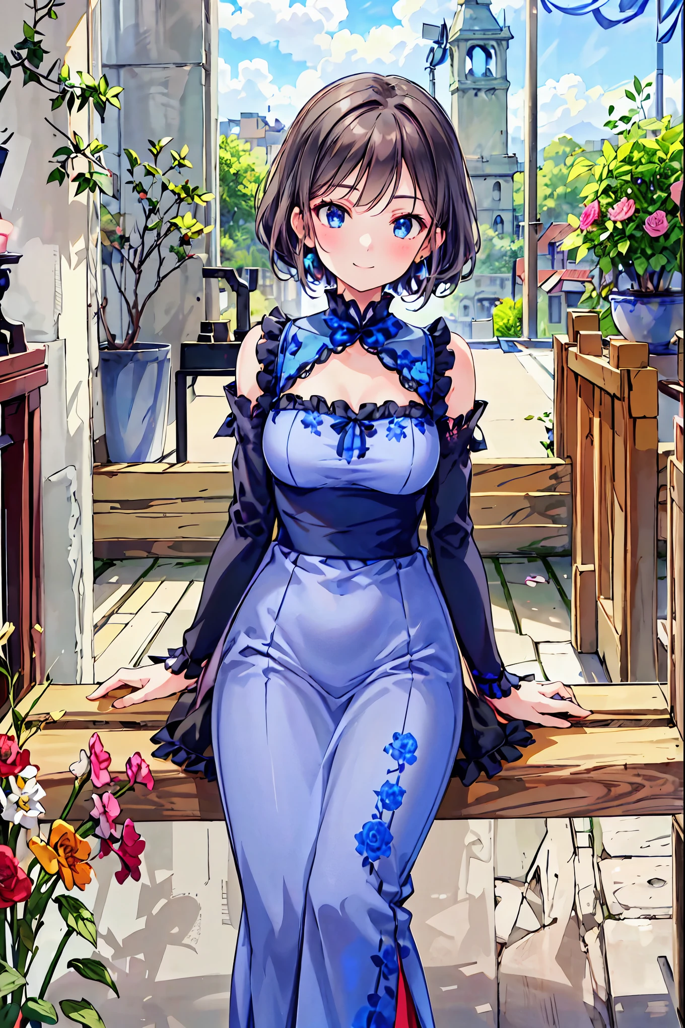  very cute and beautiful girl,( Highly Detailed Beautiful Face and Eyes), (smile),, Black Hair , staring at viewers ,(Blue floral taupe dress with fine frills),Fine lace, Sitting, arms crossed behind ,altar,church,indoor, (Best Quality,masterpiece:1.0),Absurd, High Resolution ,Ultra-detailed, extremely detailed,32K,8k resolution, Intricate details, cinematic scene ,detailed background,Alone,Dynamic Angle, Your enchanting gray-blue eyes shine like stars