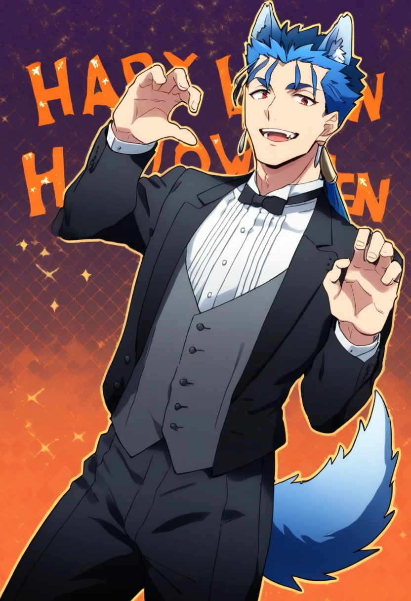 Cu Chulainn Blue Lancer a man dressed as a butler with blue wolf ears and tail with a good face, red eyes, a good body with little musculature and long blue hair with a ponytail at the nape of his neck and anime earrings with an orgasmic smile doing a wolf pose with a Halloween background.