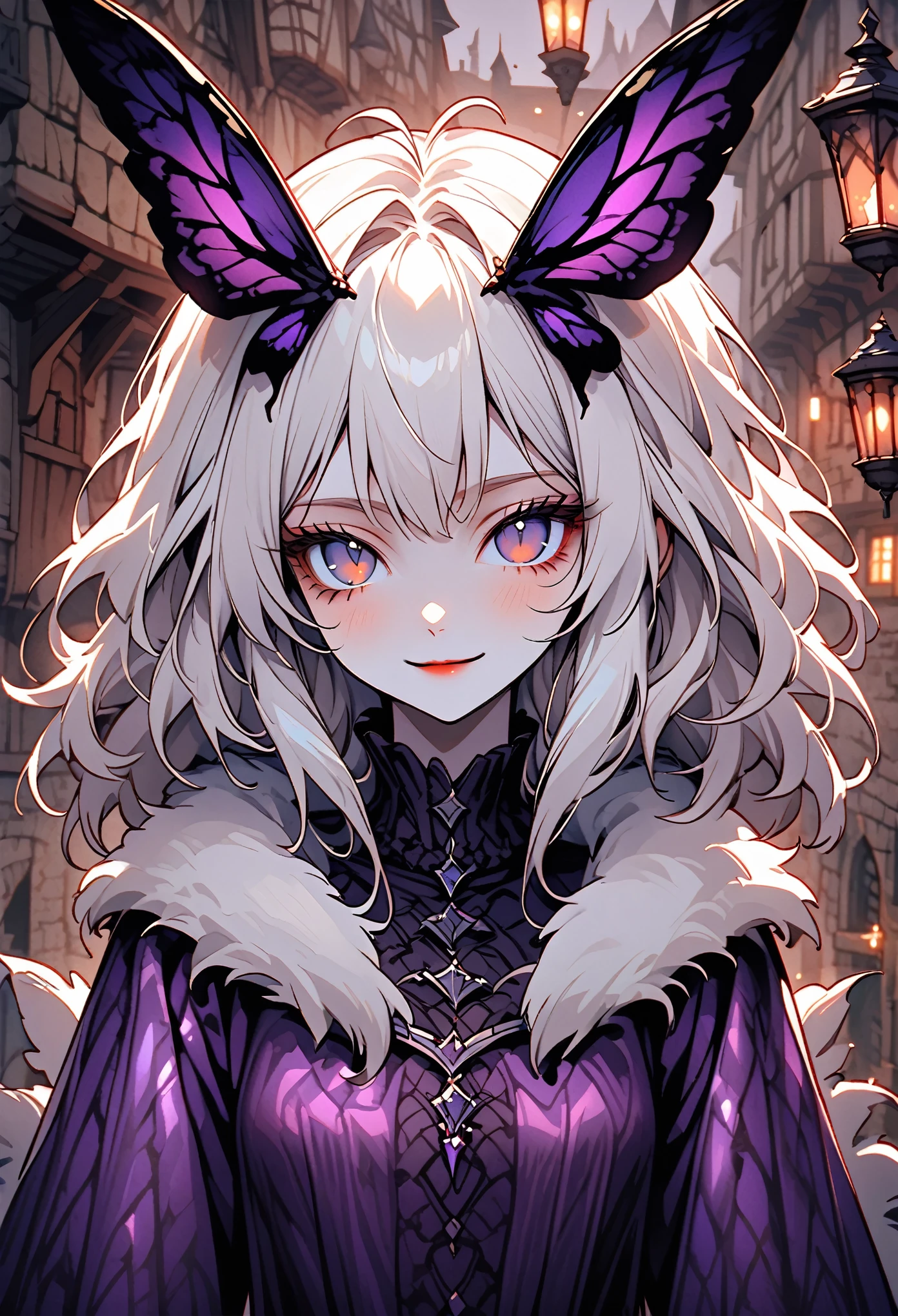 solo, female, close up, insect girl, mothman girl, compound eyes, iridescent eyes, white-brown coloration, silver hair, fluffy hair, white fur collar, slender, tall, insect antenna, black & purple clothes, medieval, town, gentle smile, lamp, black eyes, large moth wings, fluff