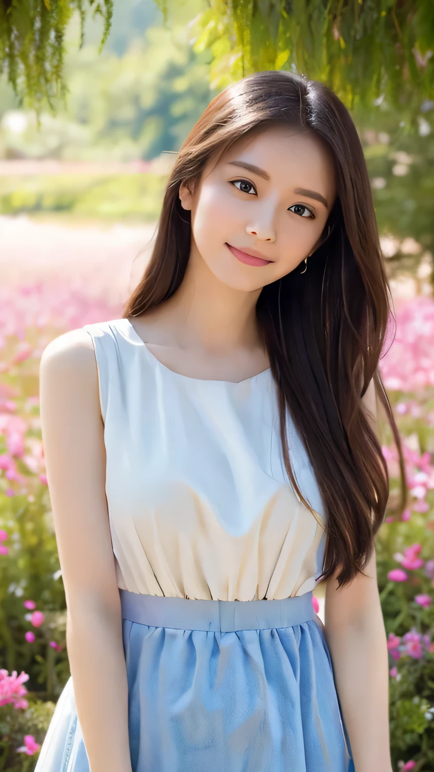 Best Quality、4K、8k、 High Resolution 、masterpiece:1.2、 very detailed、Real:1.37、Portrait、Soft colors、Gentle Light、A girl exuding fatigue、Long flowing hair、Delicate facial features、Thoughtful eyes、White skin、Happy expression、Soft pastel colors、 amazing vibe 、shirt、Subtle brushwork、Dreamy composition、Gazing into the distance、 Romantic atmosphere 、、Calm colors、Soft Shadows、 display above my waist、Ample breasts、Flower field in the background、Wearing sleeveless top、I'm wearing a G pan 、