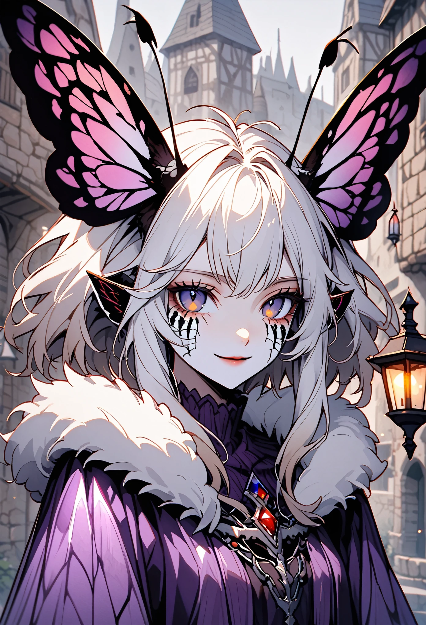 solo, female, close up, insect girl, mothman girl, compound eyes, iridescent eyes, white-brown fur, silver hair, fluffy hair, huge white fur collar, slender, tall, moth antenna, black & purple clothes, medieval, town, gentle smile, lamp, black eyes, large moth wings, fluff, black sclera