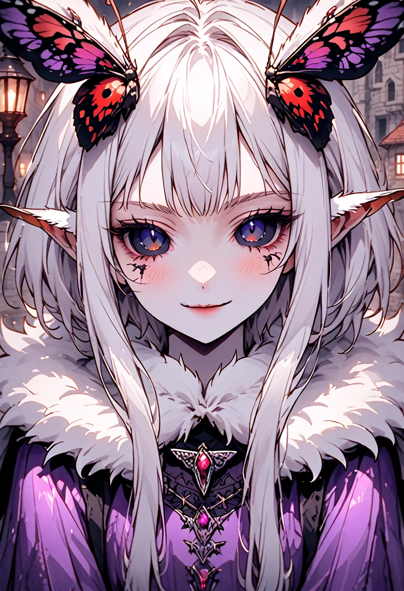 solo, female, close up, insect girl, mothman girl, compound eyes, iridescent eyes, white-brown fur, silver hair, fluffy hair, huge white fur collar, slender, tall, moth antenna, black & purple clothes, medieval, town, gentle smile, lamp, black eyes, large moth wings, fluff, black sclera