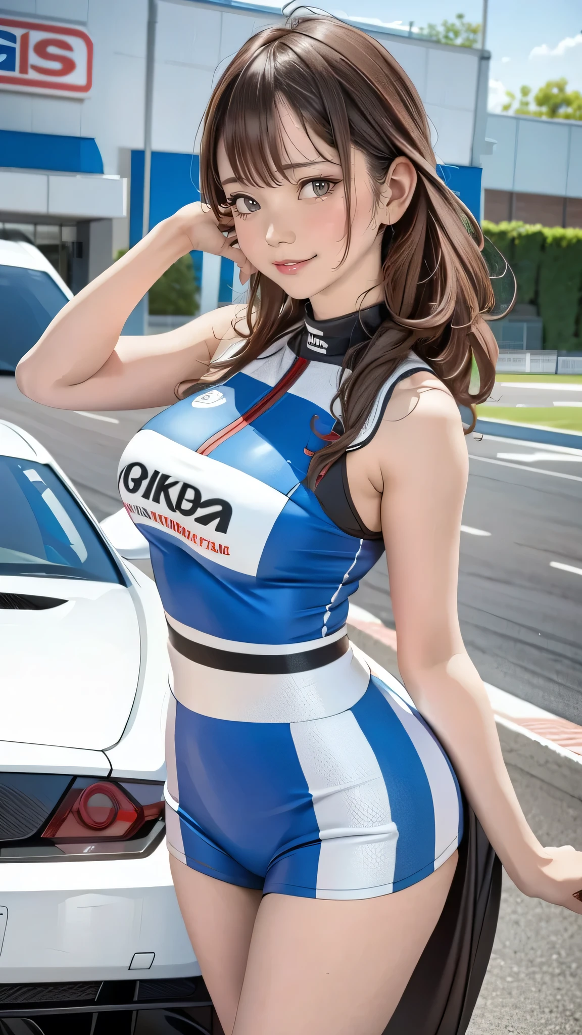 One Woman　Race Queen　Posing for the camera in front of a sports car　High leg　Low - Angle　Cute smile