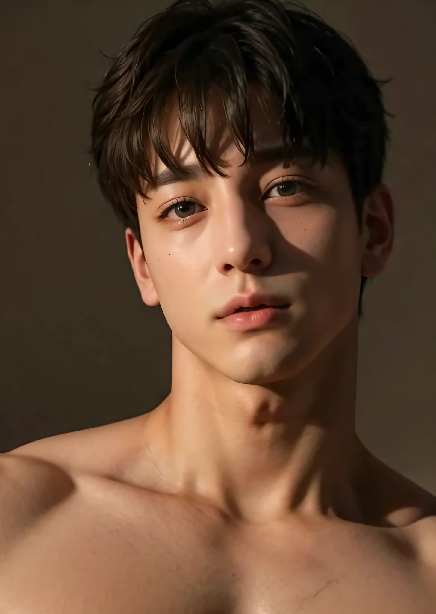 RAW photography, 1boy, male focus, topless young guy, messy hair, looking at viewer, on the street, Beautiful lighting, deep shadow, Best Quality, masterpiece, Ultra-high resolution, photo-realistic, blurry background
