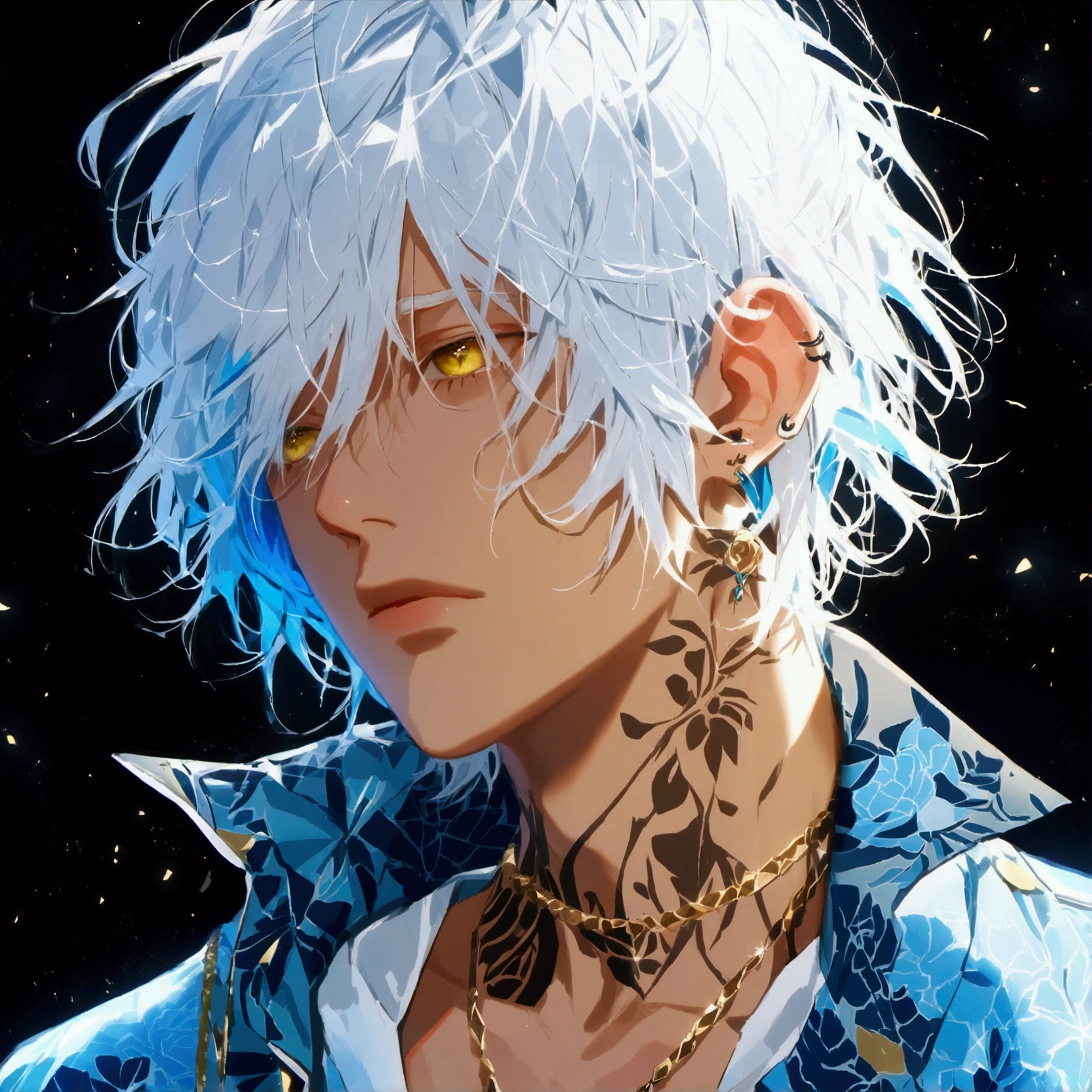 Alone, 1 male, White hair with blue inner color,  Fluttering hair,Yellow Eyes,  jacket,Stylish,,stylish,Ear Piercing,blue rose tattoo on neck,  Gold Necklace ,  oversized shirt ,Look up,Black Background