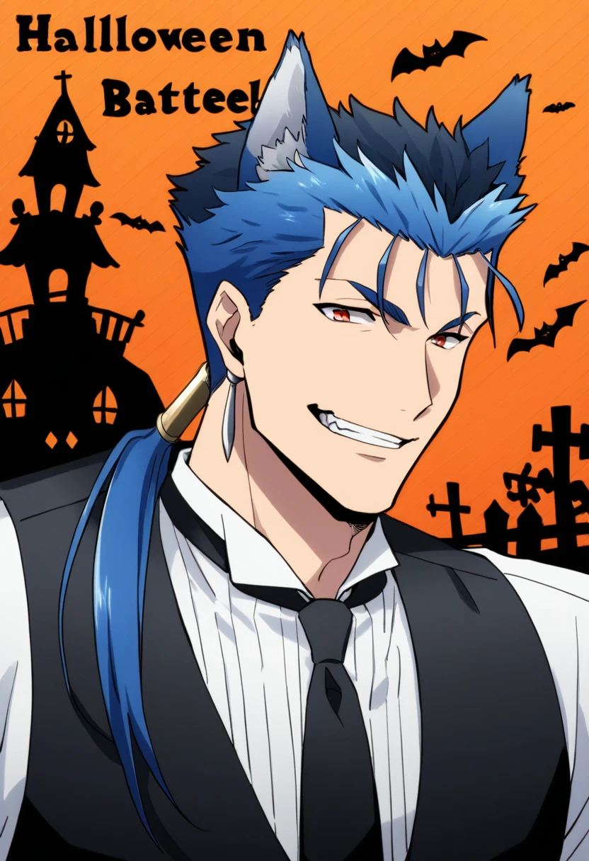 Cu Chulainn Blue Lancer a man dressed as a butler with blue wolf ears and tail with a good face, red eyes, a good body with little musculature and long blue hair with a ponytail at the nape of his neck and anime earrings with an orgasmic smile doing a wolf pose with a Halloween background.