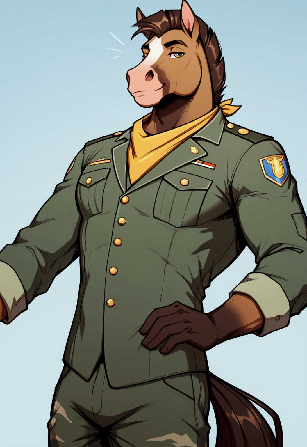 score_9, score_8_up, score_7_up, (masterpiece, best quality, very aesthetic, ultra detailed), ,(male anthro, horse guy) illustrative anime furry art of of horse anthro in a darker green shirt and a camo jeans, yellow bandana, army jacket, standing pose, slightly buff body,cocky face, Mohawk hairstyle, fancy mane, smiling, furry horse humanoid, furry mawshot art, furry character portrait, pov furry art, anthro art, anthropomorphic horse male, masterpiece anthro portrait, anthro portrait, portrait of a rugged ranger, rugged male ranger, professional furry drawing, rugged ranger, furry character, commission for high res, furry mawshot