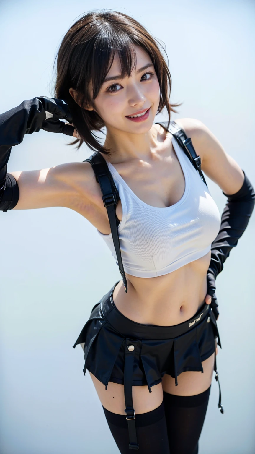 masterpiece, best quality, highres, 1girl, cammy white, short hair, antenna hair, blue eyes, scar on cheek, , black choker, collarbone, sports bra, midriff, fingerless gloves, black gloves, black pants, standing, cowboy shot, outdoors, arms at sides, straight-on,