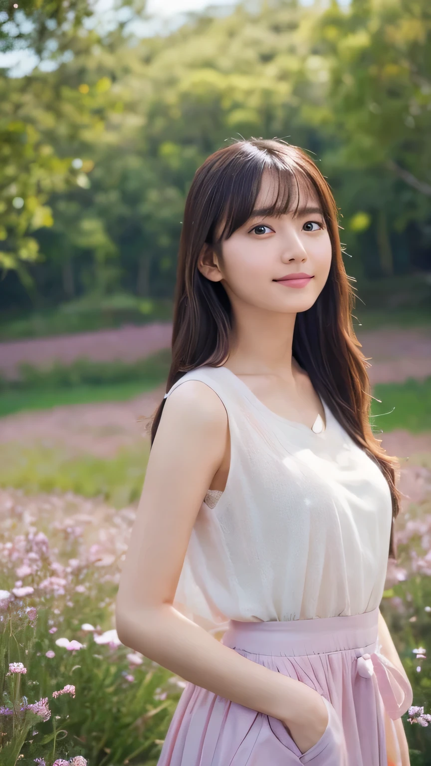 Best Quality、4K、8k、 High Resolution 、masterpiece:1.2、 very detailed、Real:1.37、Portrait、Soft colors、Gentle Light、A girl exuding fatigue、Long flowing hair、Delicate facial features、Thoughtful eyes、White skin、Happy expression、Soft pastel colors、 amazing vibe 、shirt、Subtle brushwork、Dreamy composition、Gazing into the distance、 Romantic atmosphere 、、Calm colors、Soft Shadows、 display above my waist、Ample breasts、Flower field in the background、Wearing sleeveless top、I'm wearing a G pan 、