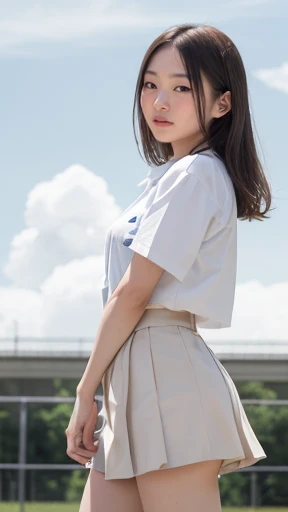 One Girl、Beautiful and detailed eyes and face、barefoot、Cute 16 year old Japanese girl, ((Extremely precise and accurate anatomy:1.0)), (photo Realistic:1.4), (hyper Realistic:1.4), (最高品質のRealisticな肌の質感:1.4), (Improvement of quality:1.4), (Enhances the beauty of skin texture:1.1), Clean and glowing skin, mesh, thin:1.2, (Realistic:1.3), Realisticなライティング, (Smoother lighting:1.05), (Improving the quality of cinema lighting:0.9), Backlight, A gentle light on your face, Ray Tracing, (Bright light:1.2), 32K, One Japanese woman, fine grain, Detailed face, (Film Grain:1.1),(Accentuates body lines:1.1), High resolution, Natural look, Kind eyes, Improves hair quality, Delicate light and shadow, Transparent muscles, Graceful pose, Beautiful Eyes, Sharp details, Soft light reflection, Beautiful contours, Delicate skin tone, Fine hair texture, Natural background, (((sunny day、School zone、A strong wind is blowing、Her hair and skirt are flying、 Open shirt、Pleated skirt、stroll:1.25、Light of the sun、Clear skies、stage、Blue sky and white clouds、The joys of youth)))、
