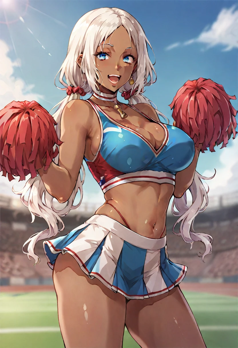 gg0001, score_9, score_8_up, score_7_up, score_6_up, 1girl, white hair, curly hair, parted bangs, dark skinned girl, very dark skin girl, long hair, low twintails, bare forehead, blue eyes, puffy lips, breasts, thighs, young girl, red cheerleader outfit, midriff, skirt, sports field, blue sky, smile, open mouth, shiny skin, (cowboy shot), body upclose, standing