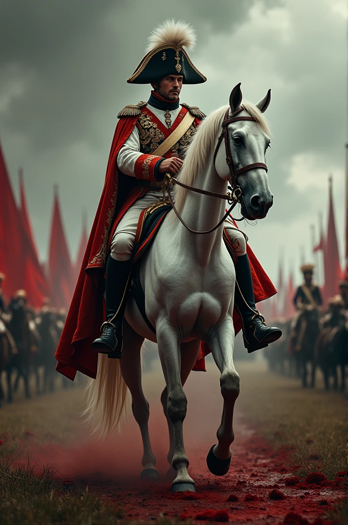 a 30-year-old handsome French prince in military uniform riding a white horse in war zone, kinetic, classic, regal presence, Victoriana
