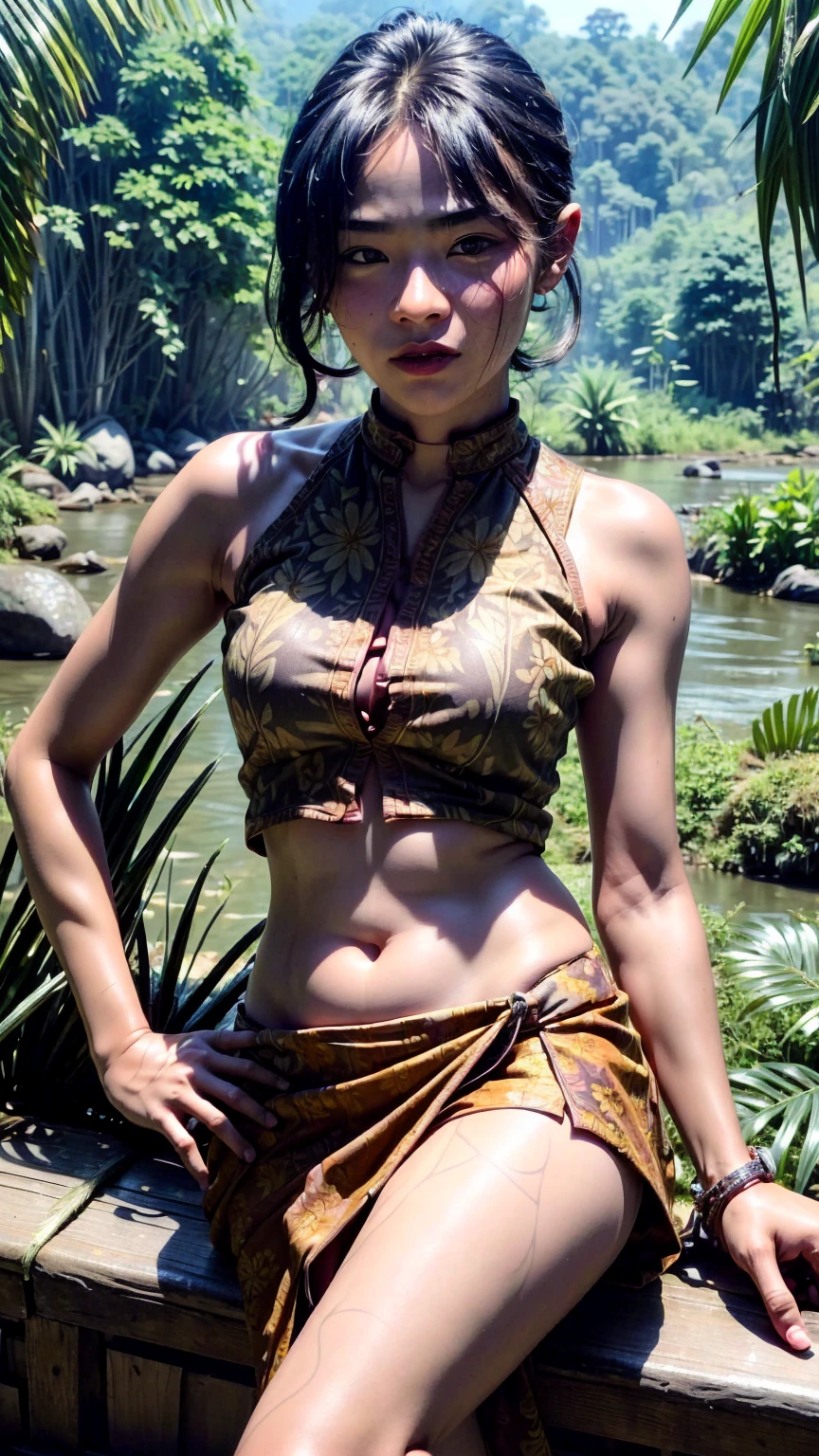 A color photo of Chindo, ultra realistic, textured skin, remarkable detailed pupils, realistic dull skin noise, visible skin detail, skin fuzz, Sweaty, sweaty skin, sweat droplets, Armpits, armpit hair, (((wears coloured floral double slit kebaya, batik double slit mini skirt))), (((seductive view, sexy seductive pose))), (jungle river:1.4)