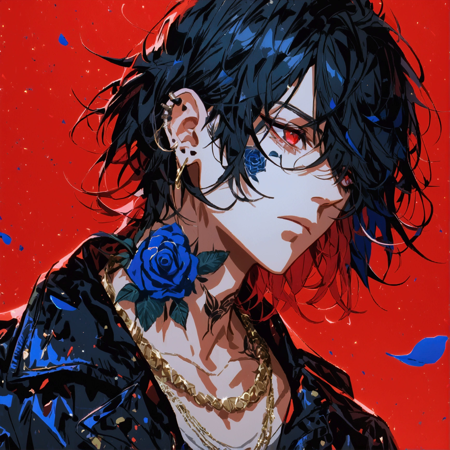 Alone, 1 male,Black hair with red inner color,  Fluttering hair,Red eyes,  jacket,Stylish,,stylish,Ear Piercing,blue rose tattoo on neck,  Gold Necklace ,  oversized shirt ,Look up,Black Background