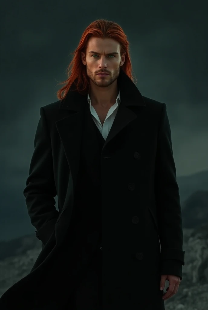 Make a young Germanic man with dark red hair and black hair, His name is Yuu Leir and he is ., He has 1,82 tall, He's a tall man, half tanned skin, with long hair that reaches down to the back, His face is a little effeminate but his body is thin but strong., he is smiling slightly calmly in a cloudy field without rain, photo realistic image.