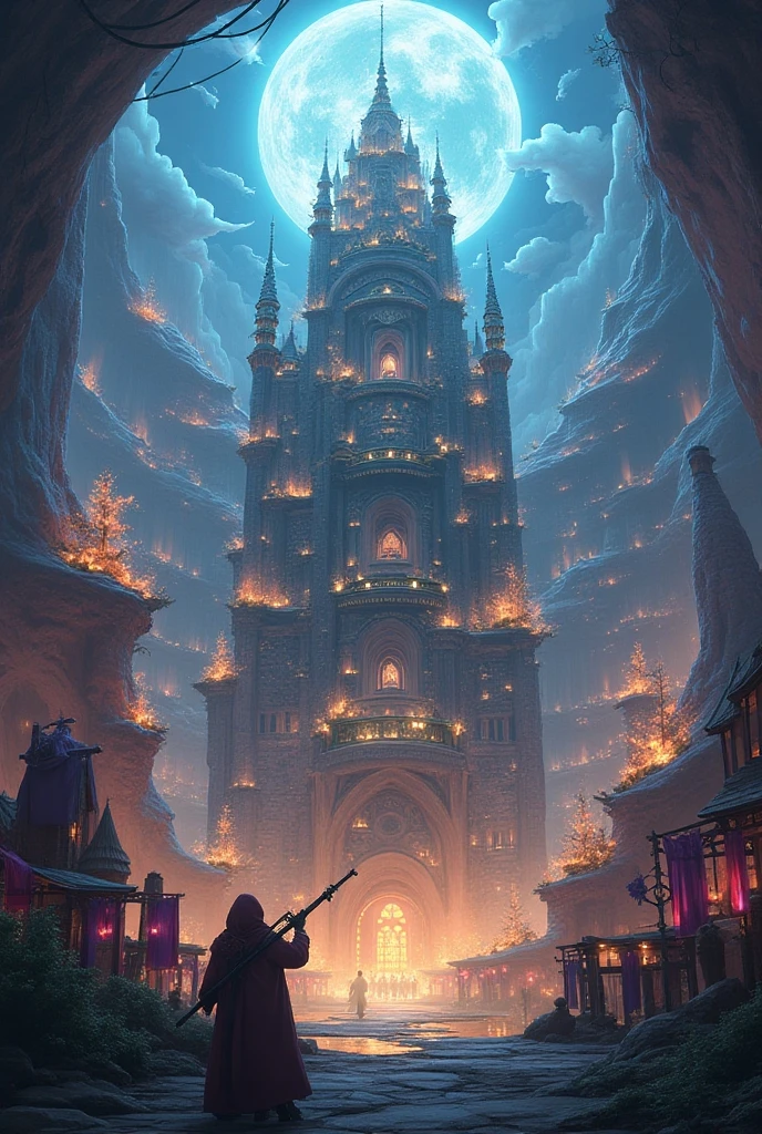 a view of fantasy medieval city, taken from the top of church of, ((the shot taken behind a statue of a gargoyle on the roof: 1.5)), 16K, ultra detailed, masterpiece, best quality, (extremely detailed), arafed, dnd art, night time, stars, moon, cinematic lighting, glowing light, silhouette, from outside, photorealism, panoramic view (Masterpiece, intense details: 1.5) , Wide-Angle, Ultra-Wide Angle, aetherpunkai