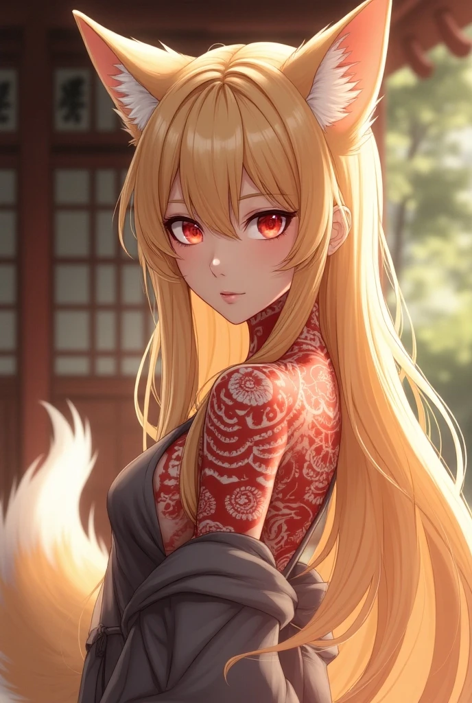 (masterpiece, best quality) junior,detailed, (beautiful,small breasts), blonde,long hair, side ponytail(right),gold butterfly hairband, elegant, (fox ears),nine tailed fox tail, red eyeshadow, golden eyes, femur,漏出femur, white shirt,shaman uniform,cherry blossom background,girl,NIGHT