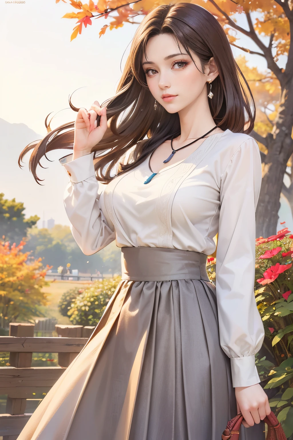 (Best Quality、 8k 、masterpiece、 High Resolution )、Young and beautiful woman、Ample breasts、 and her clavicles are smooth and inconspicuous 、Slender beauty、( Brown medium hair 、 and soars up in the wind)、Full Body Shot、 (Beautiful Face, beautiful eyes,Beautiful Nose,Pretty lips)、(  earrings、Silver necklace)、( formal fall attire , Long sleeve shirt,  Long Skirt)、Beautiful fingers,  Her mouth opens slightly 、Smiles spill out , Nice pose, Outdoor,   autumn leaves of trees ,  flowers blooming in the garden in the fall season 々, Cosmos, Kato,  stare at the camera to capture the audience, Detailed illustration art, Detailed CG、