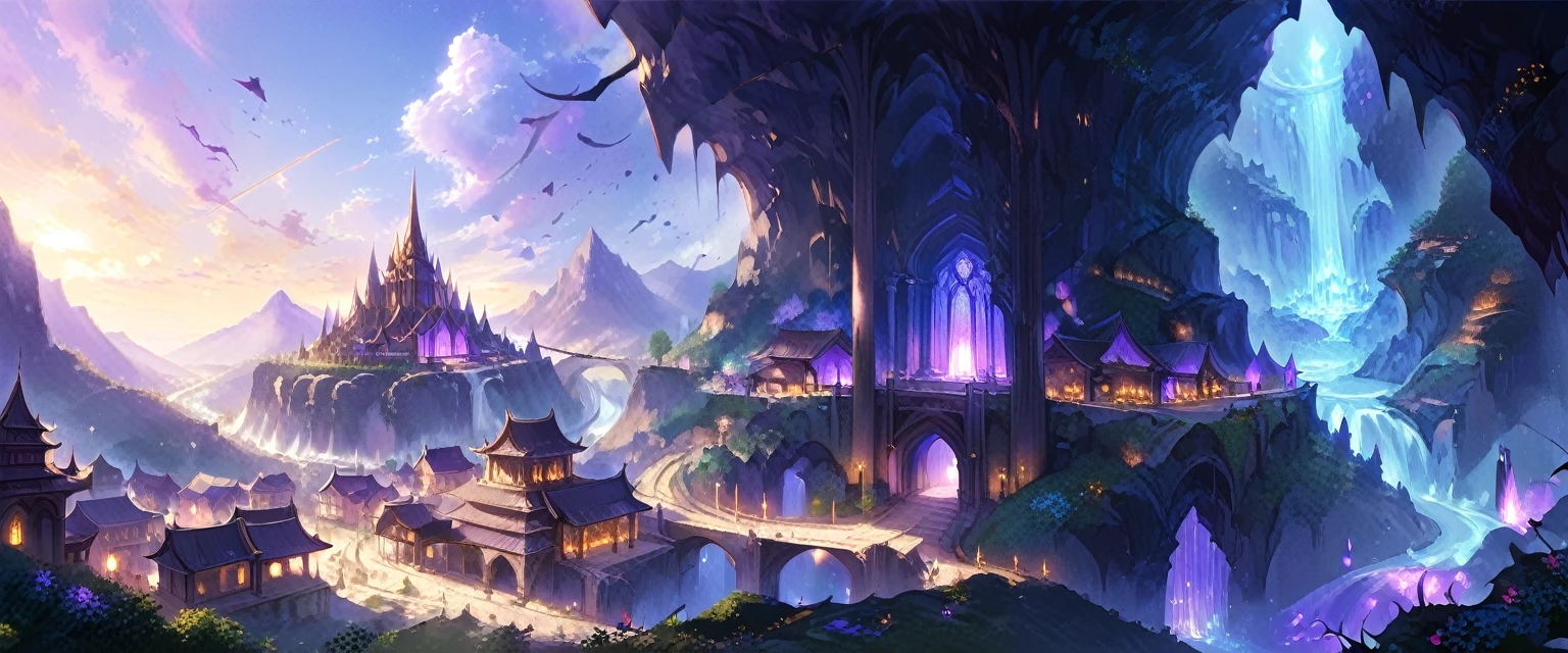 an epic  dark elf fantasy city,  a huge cave built  underground, beneath the ground,  there are many buildings and towers, lit in dim light of candles and magical light, its deep under the mountain, purple light, blue light, from buildings, a dark lit temple, chumbasket art style
