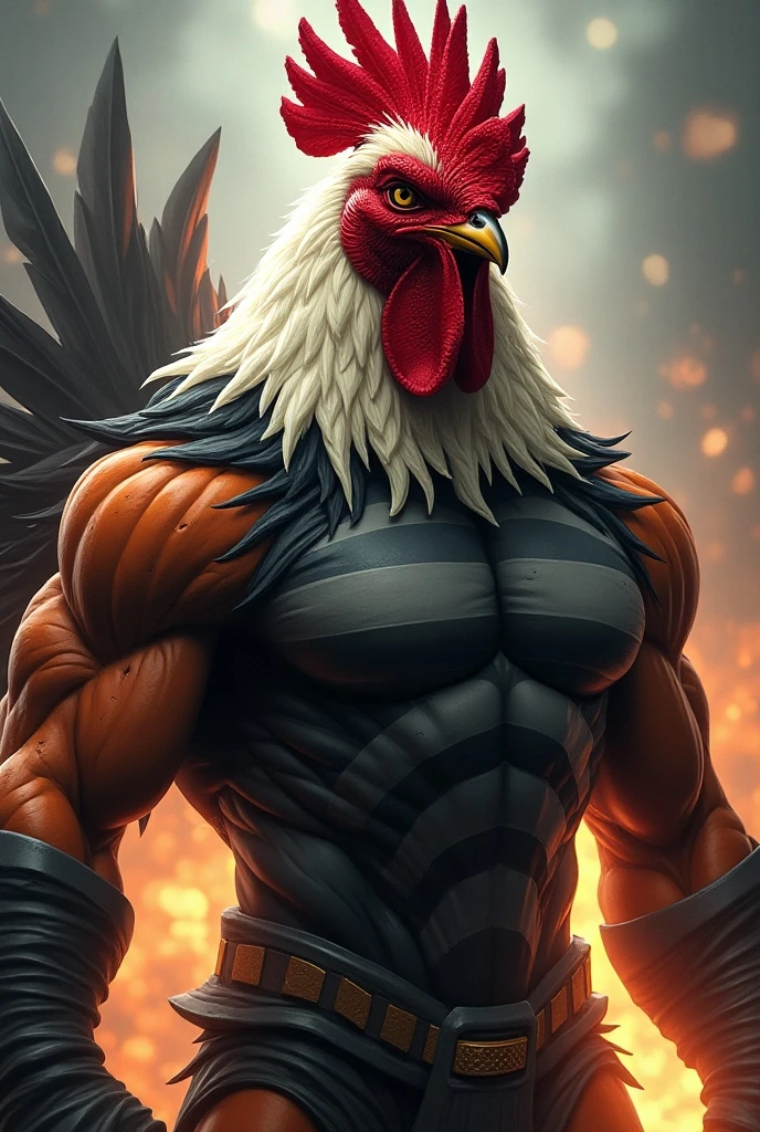 den, rooster bird, solo, male, adult, veiny muscles, defined body, toned muscles, dark black pants, terrorist, bandit, criminal, pirate, serious look, fierce look, small eye, black feathered body, white feathers, detailed background, wild background, clear weather, realistic, photorealistic, ultra realistic, 8k, bare chest, black nipples, tight crotch, shirtless, utility belt, shiny skin, torso tattoo, long feathers, unbuttoned black vest
