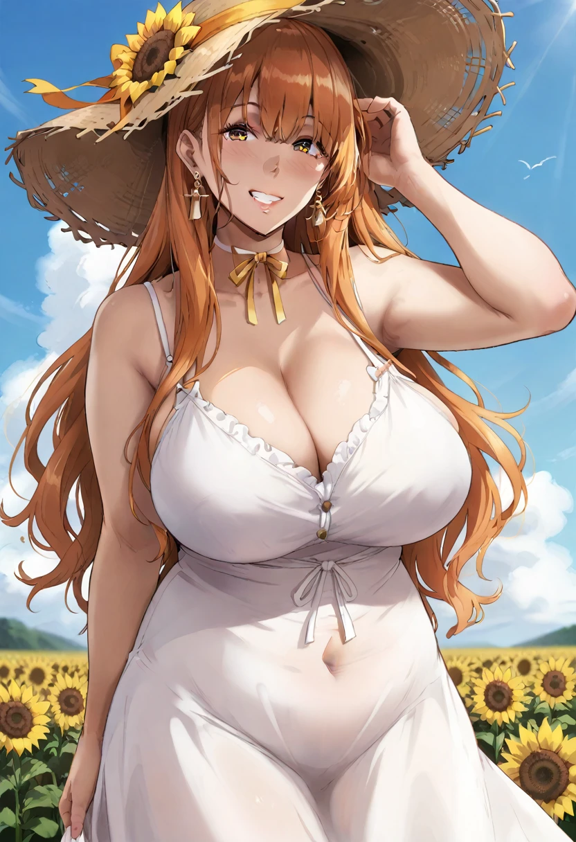 gg0001, score_9, score_8_up, score_7_up, score_6_up, 1girl, solo, hair ornamnet, long hair, orange hair, hat, solo, flower, dress, sunflower, outdoors, white dress, smile, long hair, looking at viewer, sky, bangs, breasts, closed mouth, smile, cloud, earrings, sundress, day, sun hat, blush, teeth, cleavage, :d, collarbone, jewelry, blue sky, straw hat, sleeveless dress, ribbon, summer, sleeveless, hand on headwear, mature female, MILF, 30yo, bare shoulders, bow, huge breasts, sagging breast, perfect female body, narrow waist, chubby, plump, BBW, field, sunflower field, yellow flower, hat ribbon, frilled dress, frills, standing, blurry, hat bow