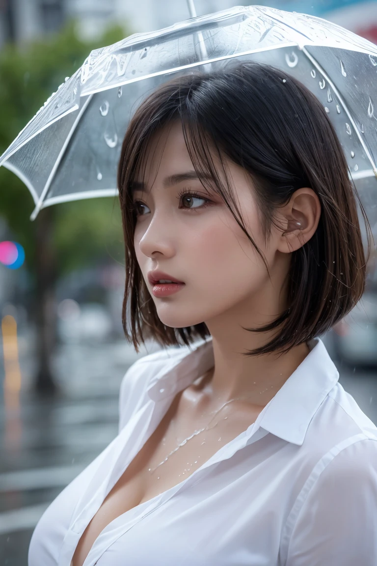 ((Best Quality, 8k, masterpiece: 1.3)), sharp: 1.2,   Perfect Body Beauty that will make your neck small : 1.4, Slim Abs: 1.2, ((layered hairstyle, Big Breasts: 1.2)), (Wet White Button Long Shirt: 1.1), (rain, street: 1.2), Wet: 1.5,  Highly Detailed Face and Skin Textures , Detailed eyes, double eyelid, Profile looking at camera