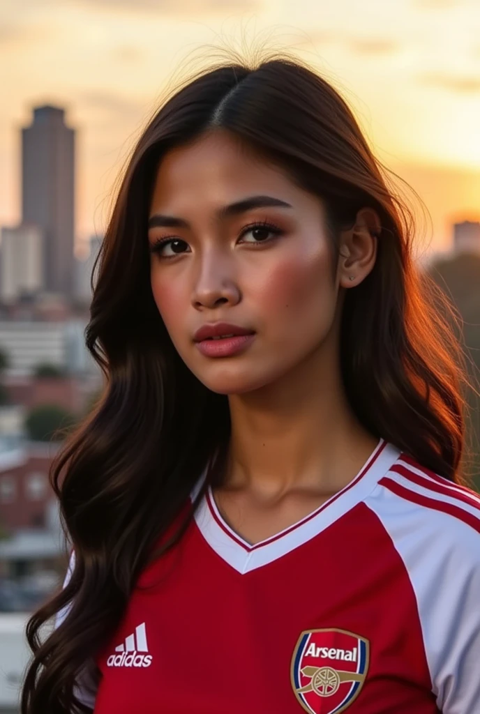 A close-up, vivid style photo of H3av3n, a stunning woman with sharp facial features, wearing an Arsenal shirt with an Adidas logo. She’s standing in front of an urban cityscape at sunset, the golden hour light highlighting her glowing skin and adding depth to her expression. Soft breeze tousles her hair slightly. 