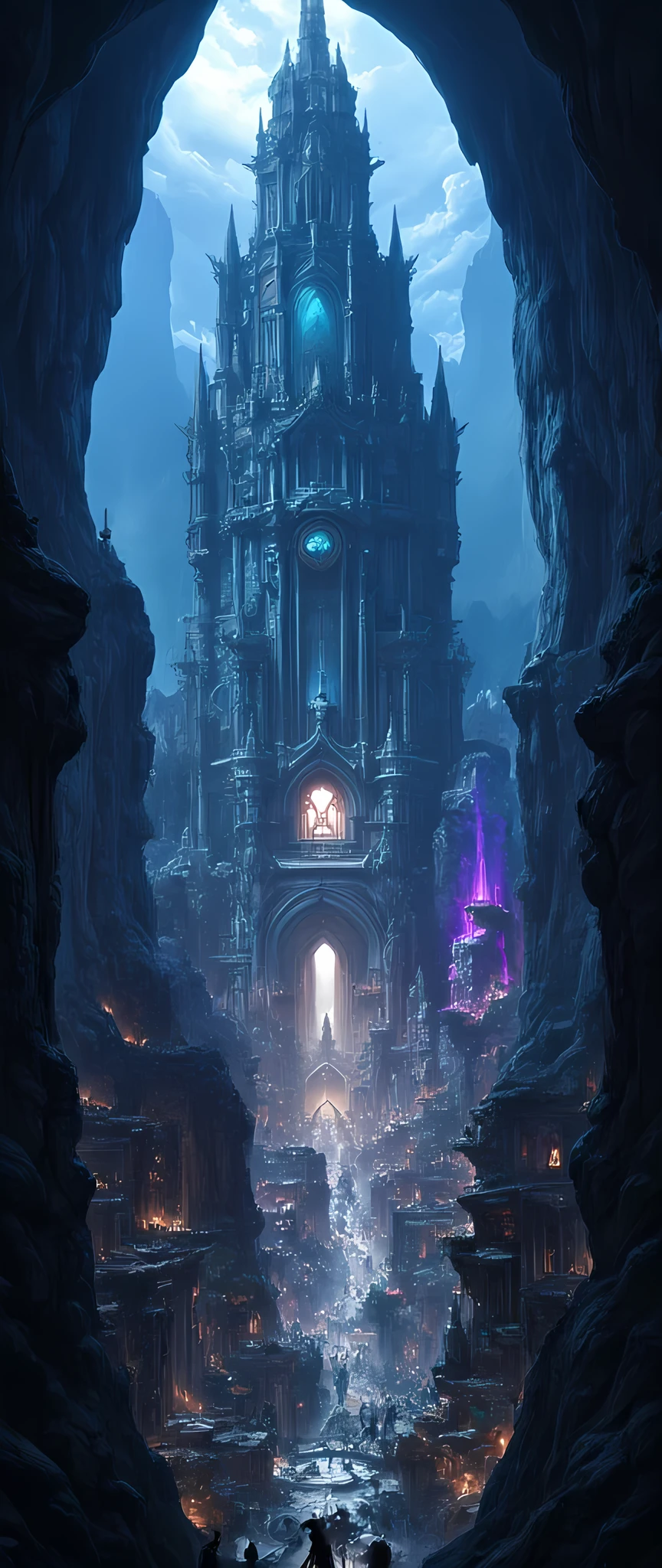 an epic dark elf fantasy city, a huge cave built underground, beneath the ground, there are many buildings and towers, lit in dim light of candles and magical light, its deep under the mountain, purple light, blue light, from buildings, a dark lit temple, Hyperrealism style