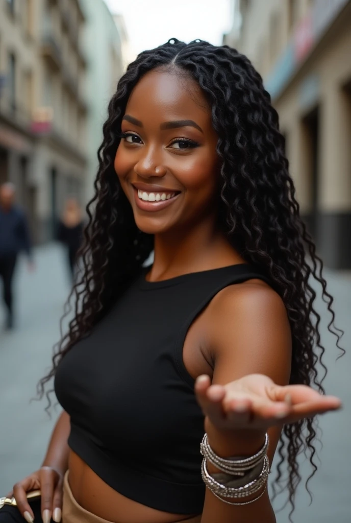 Realistic full body photo of a smiling, beautiful black woman with long hair, dark black skin, She dances in front of the camera in a purple satin spaghetti strap blouse and tight, elegant white pleated skirt ...., fine fabrics, Park,glamour fotoshooting, Park, perfect anatomy, perfect blue eyes. Perfect hands with 5 fingers on each hand, Suitable woman, looking at the camera, 1 Frau. (Eye make up:1.1), (highly detailed skin:1.1), spirit, analog style, keen focus, 8K UHD, dslr, good quality, Fujifilm XT3, Grain, Award-winning, masterpiece. Park