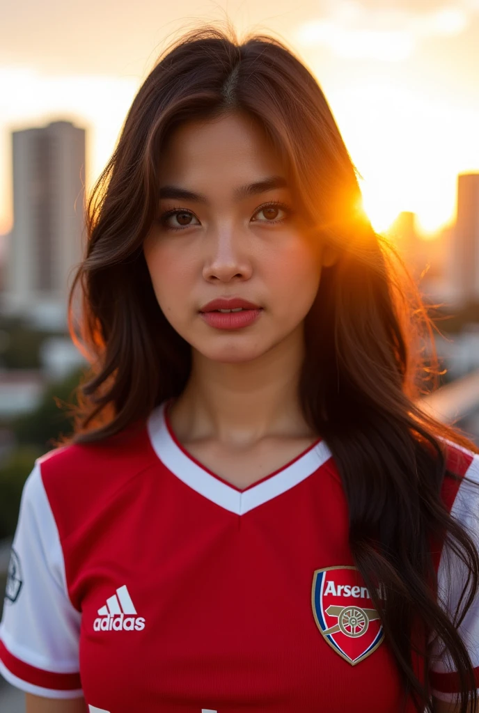 A close-up, vivid style photo of H3av3n, a stunning woman with sharp facial features, wearing an Arsenal shirt with an Adidas logo. She’s standing in front of an urban cityscape at sunset, the golden hour light highlighting her glowing skin and adding depth to her expression. Soft breeze tousles her hair slightly. 