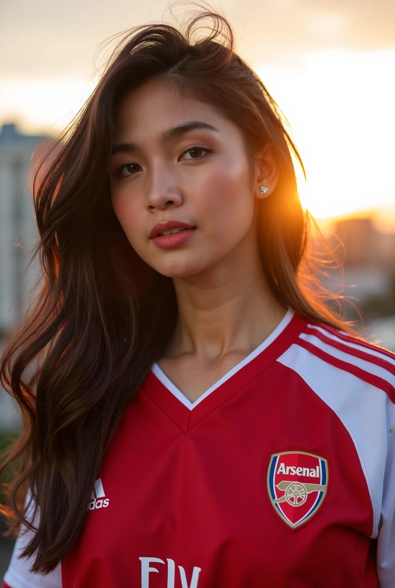 A close-up, vivid style photo of H3av3n, a stunning woman with sharp facial features, wearing an Arsenal shirt with an Adidas logo. She’s standing in front of an urban cityscape at sunset, the golden hour light highlighting her glowing skin and adding depth to her expression. Soft breeze tousles her hair slightly. 