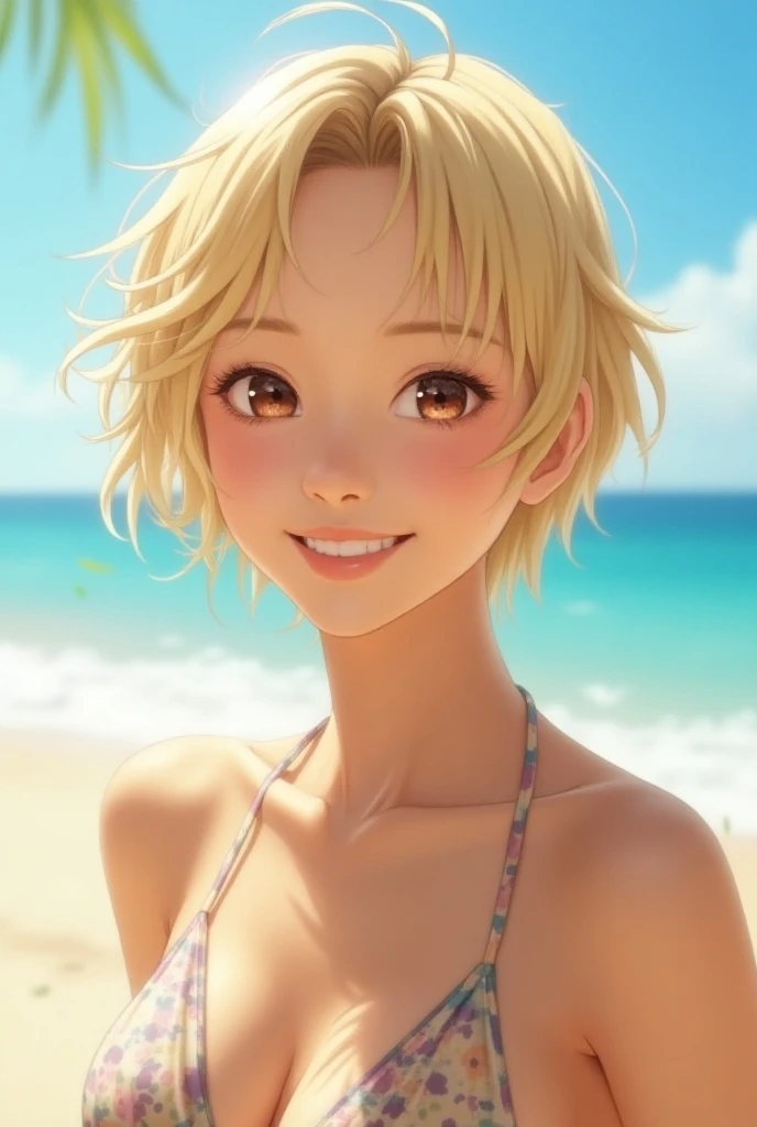 masterpiece, best quality, (realistic,photo-realistic:1.4), (RAW photo:1.2), extremely detailed CG unity 8k wallpaper, delicate and beautiful, amazing,finely detail, official art, absurdres, incredibly absurdres, huge filesize, ultra-detailed,extremely detailed eyes and face,light on face,alice zuberg,(little smile),(blonde hair:1.4),(short hair:1.4),(small breast:1.4),(wearing yellow bikini:1.5),(beach background:1.4),(white hairband:1.3)