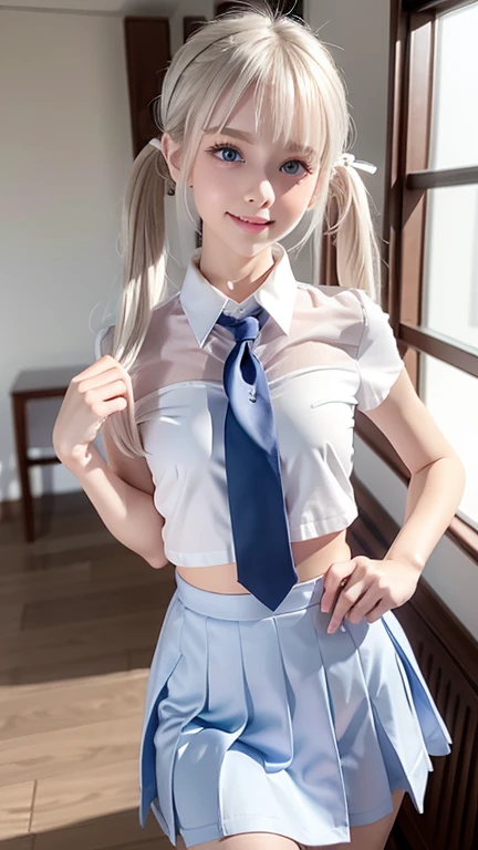 marie rose,
bright and shiny platinum hair,straight long hair,blunt bangs to the eyes,silky pigtails
babyface,detailed brown eyebrows,big detailed light blue eyes,small nose, slim pink lips,delicate mouth and jawline,
small petite body,very thin complexion,very young tween,skinny ribs,0 fat body,short torso,skinny marked abs,
masterpiece,best quality,HDR, 
dressing school uniform, white blouse, blue tie and skirt,
smiling, boutique windows background,
