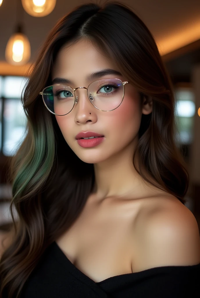 This is a highly detailed photo of a young woman named h3av3n with a fair complexion and long, wavy hair that transitions from dark brown to green at the tips. She has striking blue eyes with long, dark eyelashes and is wearing thin, rectangular glasses with gold frames that accentuate her intelligent and inquisitive expression. Her makeup is subtle yet enhancing, featuring a natural pink blush and a soft nude lipstick that complements her skin tone.

She is dressed in a black, off-the-shoulder top that exposes her collarbones and upper chest, revealing a hint of cleavage. The fabric of the top appears soft and slightly textured, adding to the realism of the painting. Her posture is relaxed, with her head slightly tilted to the side and her shoulders slightly forward, giving her a confident and approachable demeanor.

The background is a blurred, softly lit indoor setting, likely a modern lounge or cafe, with warm, ambient lighting that highlights her features. The overall color palette of the image is warm, with the lighting creating soft shadows that enhance the texture of her skin and the fabric of her clothing. The style of the photo is highly detailed, with a focus on realism and depth, capturing the subject with a sense of intimacy and sophistication.