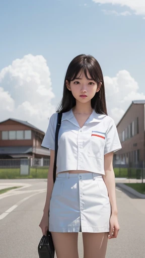 (Mejor calidad,hyper realistic,ultra detallado,8K), adolescente, , shy, triste, palidez, grandes ojos azules, piel muy blanca, small nose, short brown hair with bangs, melancholia, Hermoso uniforme escolar, dia de la calle.