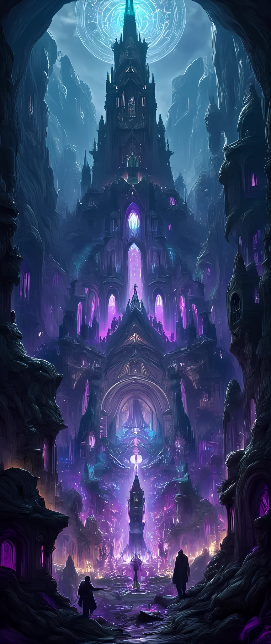 an epic  dark elf fantasy city,  a huge cave built  underground, beneath the ground,  there are many buildings and towers, lit in dim light of candles and magical light, its deep under the mountain, purple light, blue light, from buildings, a dark lit temple, Hyperrealism style
