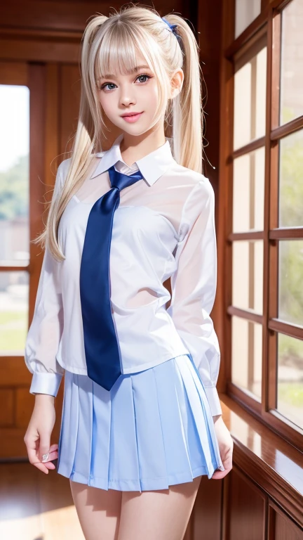 marie rose,
bright and shiny platinum hair,straight long hair,blunt bangs to the eyes,silky pigtails
babyface,detailed brown eyebrows,big detailed light blue eyes,small nose, slim pink lips,delicate mouth and jawline,
small petite body,very thin complexion,very young ten,skinny ribs,0 fat body,short torso,skinny marked abs,
masterpiece,best quality,HDR, 
dressing school uniform, white blouse, blue tie and skirt,
smiling, boutique windows background,
