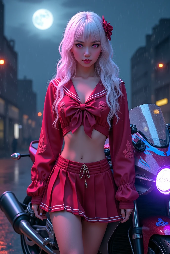 photorealistic,Realistic illustration in Modelshoot style,((masterpiece)),((The best quality)),((Ultra Quality)),((ultra detailed)),((1girl long white hair)),((Only)),((waifu:1.5)),Perfect anatomy,perfect hands,beautiful cuerpo,beautiful_method,ulzzang-6500-v1,e-chica,((Exceptionally Beauty Waifu Princess Tifa Lockhart)),((17-year-old Waifu Schoolgirl posando na frente de uma motocicleta futurista)), ((the motorcycle has skulls and blue flames highly detailed 3D graphics)), ((night scenery with full moon in the background)), ((she is wearing a Red SchoolUniform with 3D skulls and flames and Sailor Miniskirt, Pantyhose )), ((HDR, epic realism, high-octane rendering, obra de arte)),((bright-pink_eyes)),long wavy hair, ((white hair)),hair clips,eyeliner,cute makeup,lipstick,Glossy lipstick,with a look of terror, worry and sadness,((eyes detallados perfectos)),rainy with fog outside,evening,pink theme,bioluminiscencia,light particles,((Extremely CG Unity 8K Wallpaper)),((cinematic lighting,Best quality lights)),intricate details,Suave,sharp focus,Extremely beautiful and aesthetic,Octane rendering,Full length portrait,damp skin,((Perfect detailed body)),