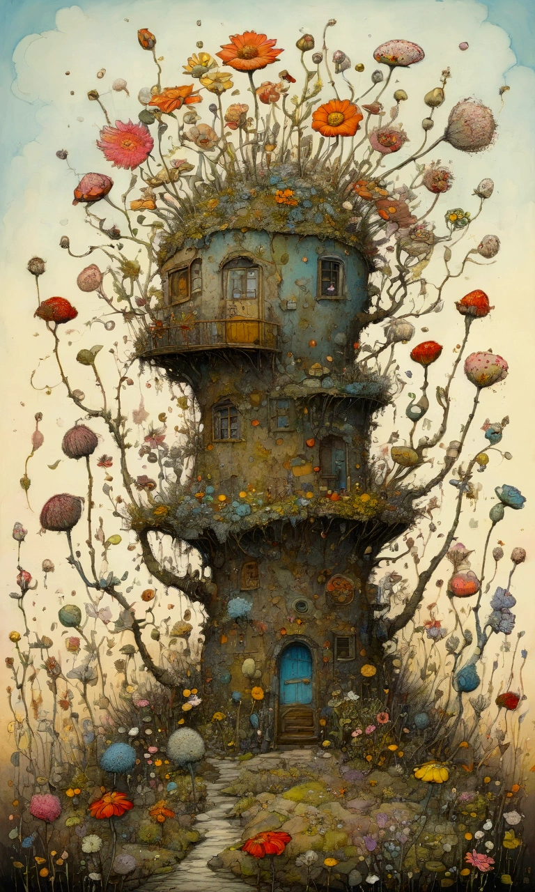 Surreal, Pointillism, Expressionist, Surrealism influence, Quentin Blake art style, Mattias Adolfsson artwork, textured painting, strange enviroment, blooming flowers and plants, esao andrews style, esoteric masterpiece, cool pastels 