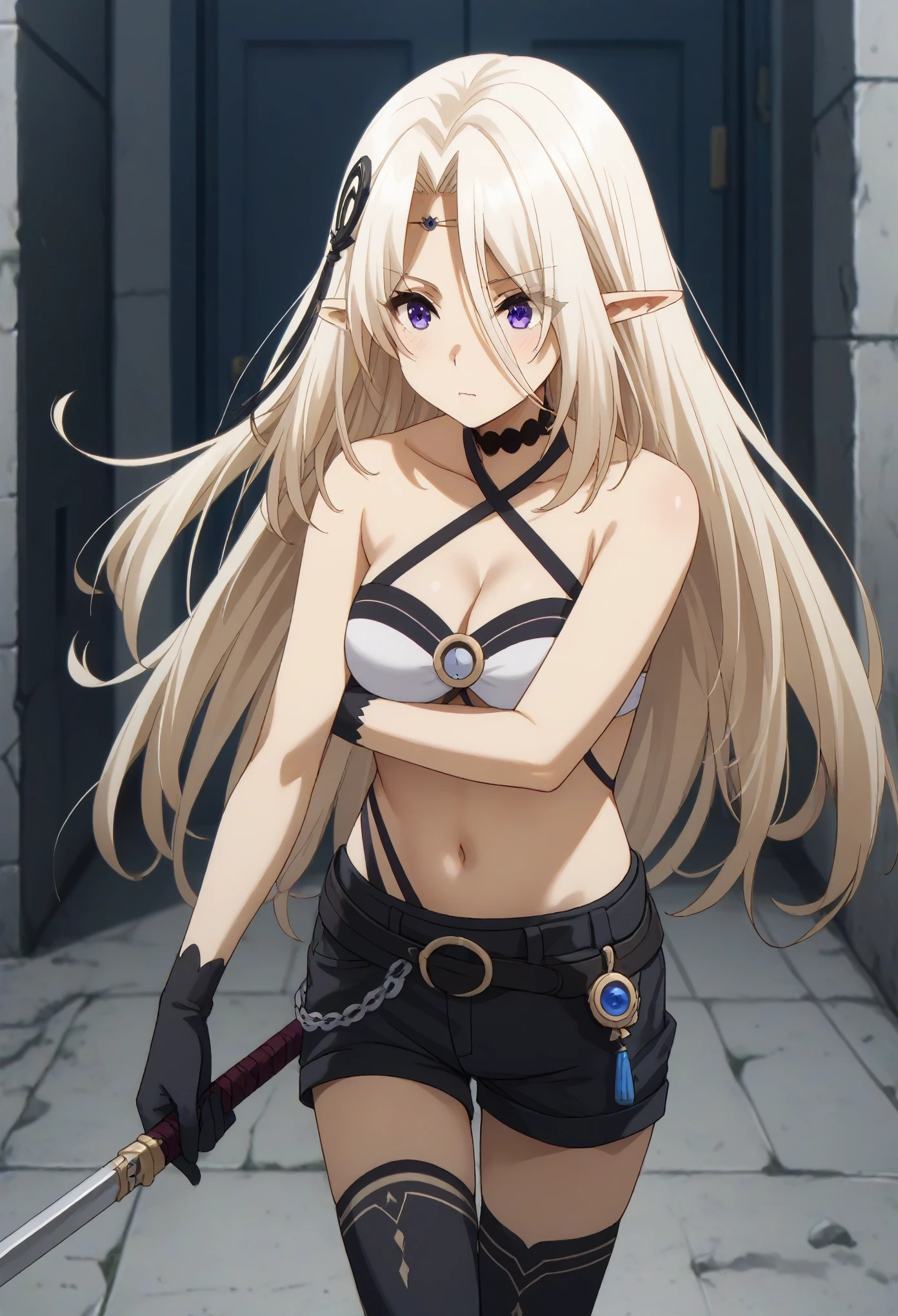 beatrix, long hair, bangs, purple eyes, white hair, pointy ears, elf, sheath, eyes visible through hair, hair ornament, thighhighs, gloves, navel, shorts, choker, black gloves, short shorts, black shorts, cleavage, bare shoulders, halterneck, criss-cross halter,
