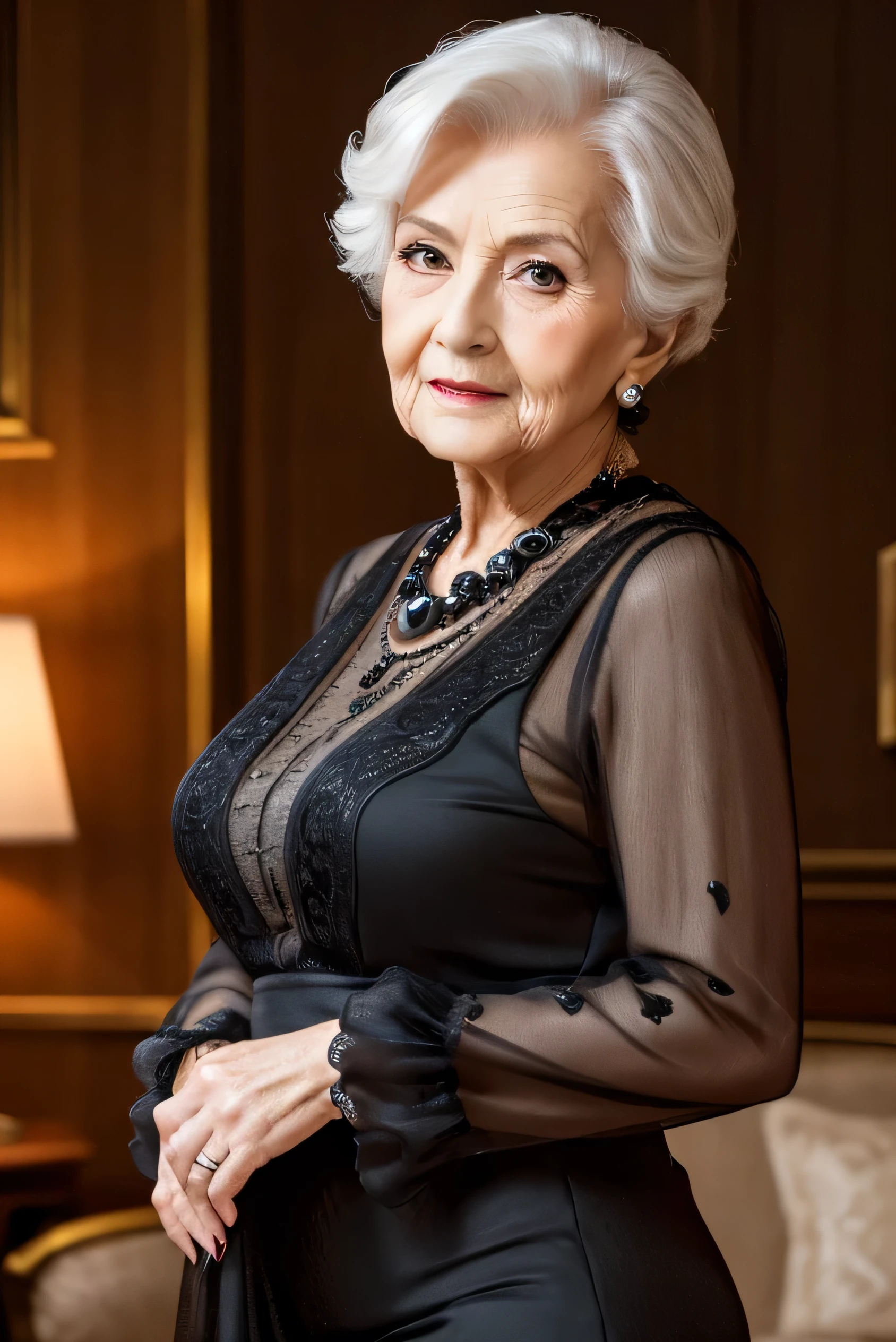 repay, masterpiece, high res, Realistic, RAW Photos, 8K wallpaper, perfection, Professional Lighting, very detailed, ((Beautiful old lady)), 80 years old, Sexy old woman, ((Sexy black mini dress)), , upper body, (( Gazing at the viewer 'eye)), Detailed face, Beautiful eye, ((I' I'm looking forward to it )), In the stylish dining room, sunny, bangs, Shapely breasts, short bob hair, Plump and glossy lips, cowboy shot, (( place your arms between your legs))