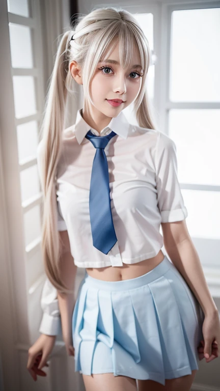 marie rose,
bright and shiny platinum hair,straight long hair,long blunt bangs,silky pigtails
babyface,detailed brown eyebrows,big detailed light blue eyes,small nose, slim pink lips,delicate mouth and jawline,
small petite body,very thin complexion,very young tween,skinny ribs,0 fat body,short torso,skinny marked abs,
masterpiece,best quality,HDR, 
dressing school uniform, white blouse, blue tie and skirt,
smiling, boutique windows background,
